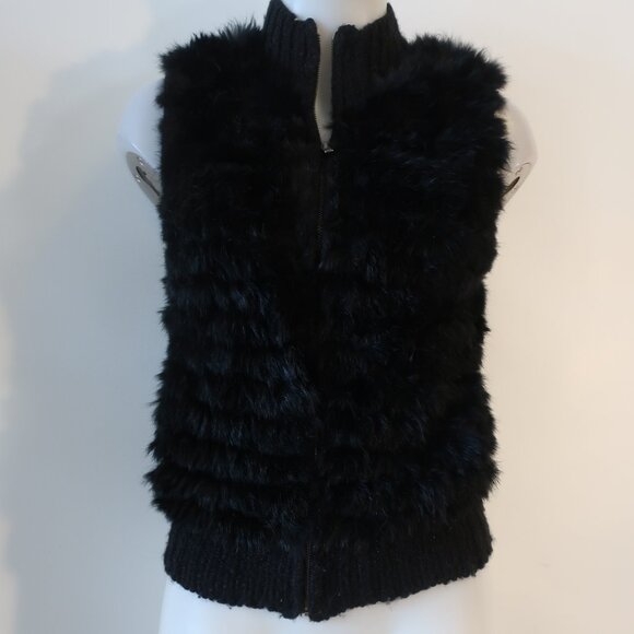 Womens Theory Dyed Black Rabbit Fur Wool Knit Blend Trim Zip Vest Jacket P US/XS - Picture 1 of 13